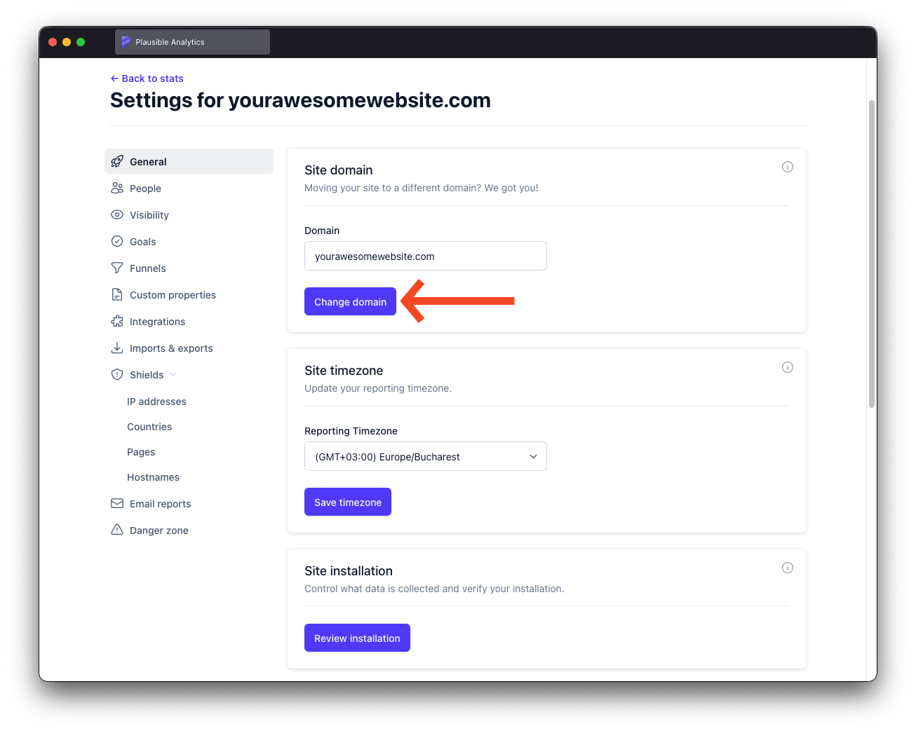 Change domain name in Plausible