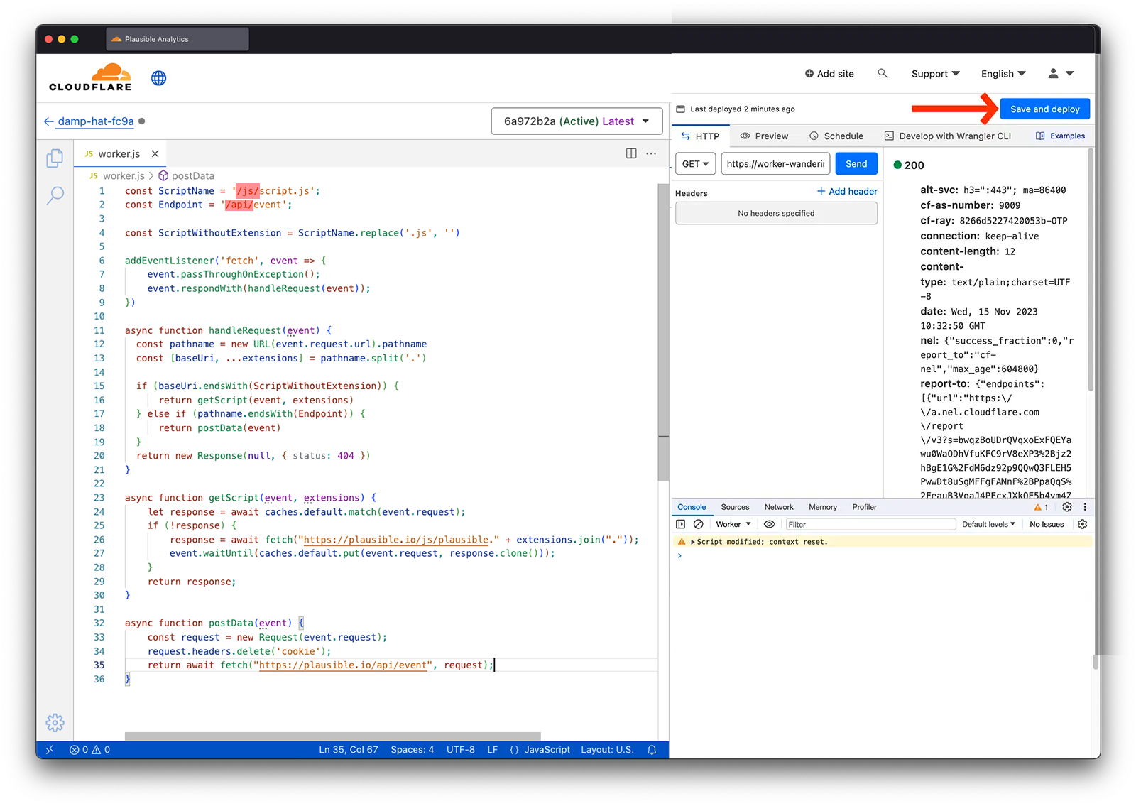 Paste Plausible code to CloudFlare worker