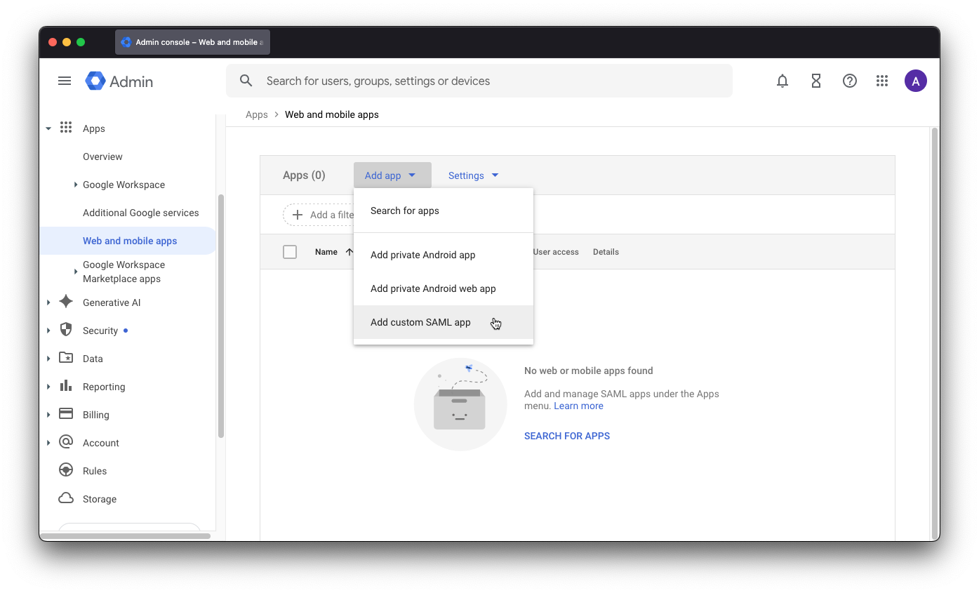Google Workspace apps list add custom SAML app